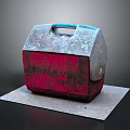 Vintage Red And Gray Box With Blue Handle Worn Surface On Gray Mat Dark Background
