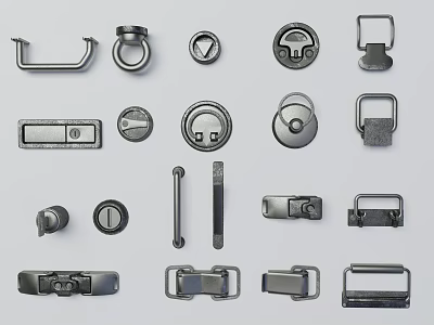 Assorted Metal Hardware Components With Handles Knobs Latches And Buckles In Various Styles 3d model