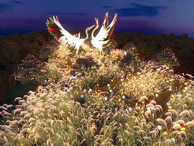 Enchanting Garden Landscape with Illuminated Crane Sculptures on Nighttime Grassland with Lighting Decorations and Trees 3d model