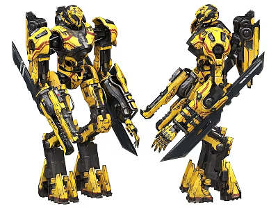 Smart Machine Yellow Black Robotic Armor With Battle Swords And Detailed Joints 3d model