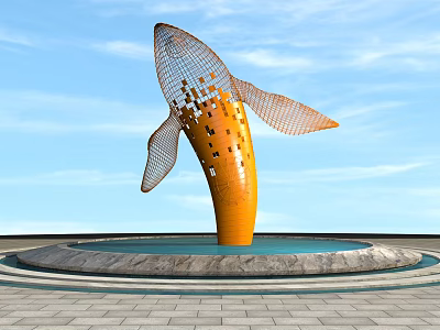 Roadside Facility Whale Shaped Metal Grid Sculpture with Orange Design Circular Pool and Paved Ground 3d model