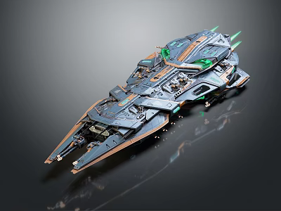 Futuristic Sci Fi Spaceship Model With Detailed Metallic Structure Green Engine Accents And Orange Highlights 3d model