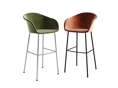 Modern Green and Brown Velvet Bar Stools With Armrests and Metal Legs 3d model