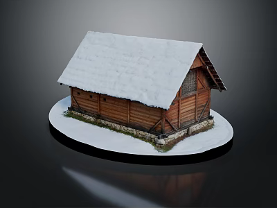 Wooden Log House With Snow Covered Roof And Stone Base On Snowy Ground 3d model