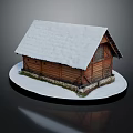 Wooden Log House With Snow Covered Roof And Stone Base On Snowy Ground
