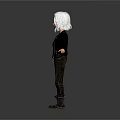 Woman With White Short Hair Black Skull Top Brown Pants Black Boots In Gray Background