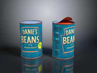 Danie's Baked Beans Canned Food Two Cans One Open Showing Beans Inside 3d model