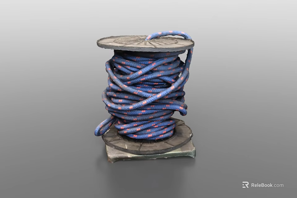 Industrial Equipment Spool With Blue And Red Rope Wound On Wooden Base 3d model 