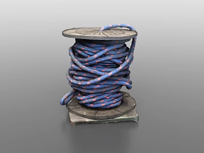 Industrial Equipment Spool With Blue And Red Rope Wound On Wooden Base 3d model