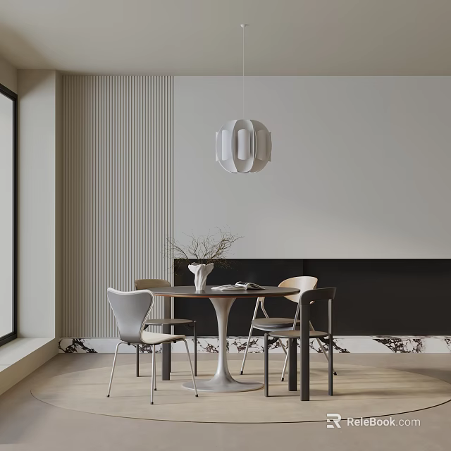 Modern Interior Dining Table Set With Chairs Vase Plant Pendant Light And Striped Wall 3d model 