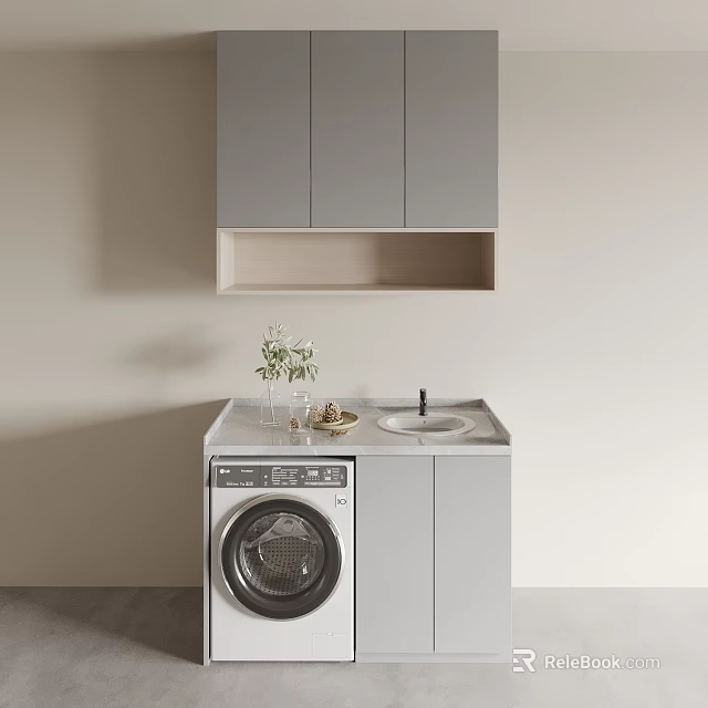 Modern Bathroom Cabinet With Gray Cabinets Countertop Sink And Washing Machine 3d model 