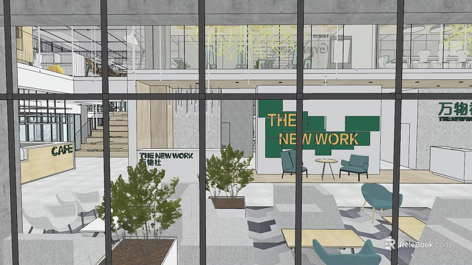 Modern Lounge Area Interior Design With Green Wall Sign Lounge Chairs And Plants 3d model 