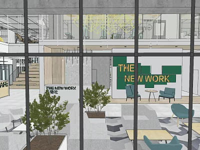 Modern Lounge Area Interior Design With Green Wall Sign Lounge Chairs And Plants 3d model