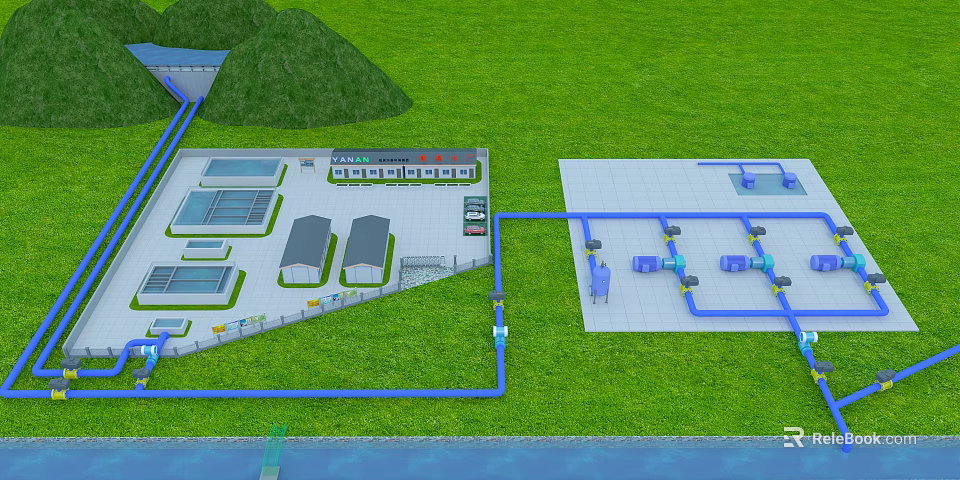 Industrial Facility Layout With Blue Pipes Green Grassland Buildings And Water Ponds 3d model 