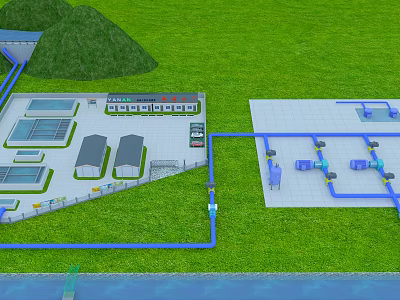Industrial Facility Layout With Blue Pipes Green Grassland Buildings And Water Ponds 3d model