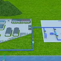 Industrial Facility Layout With Blue Pipes Green Grassland Buildings And Water Ponds