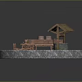 Circular Stone Wall Enclosed Courtyard With Thatched Well Wooden Barrel Cart And Chairs