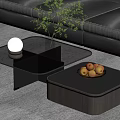 Modern Coffee Tables With Black Glass Top Brown Wooden Design And Decorative Vase Fruits Bowl