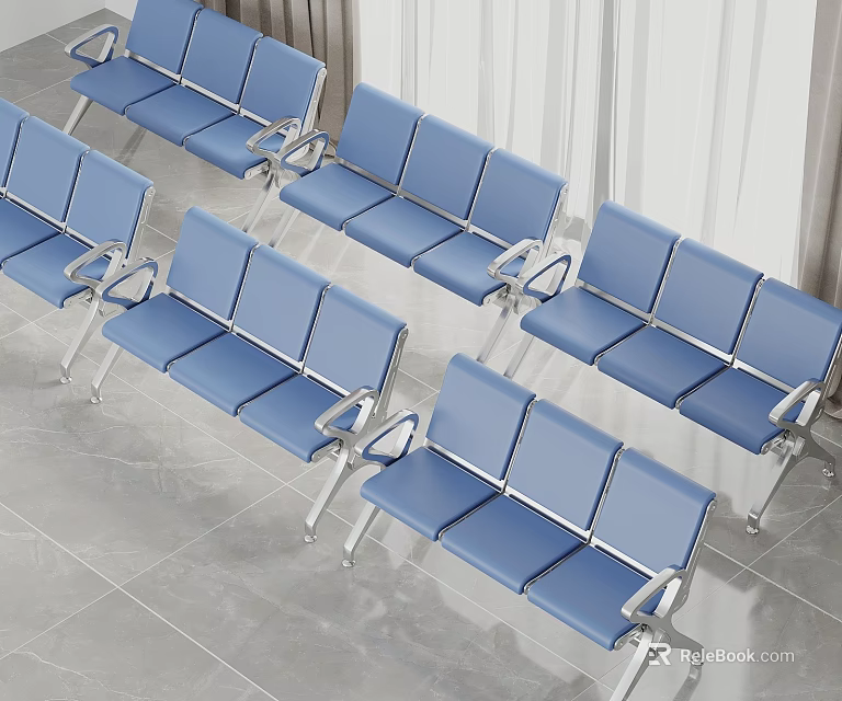 Public Waiting Area Seating With Blue Chairs And Metal Frame Design 3d model 