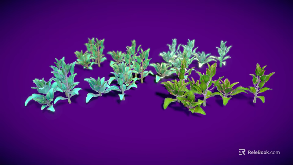 Multiple Vibrant Green Plants with Fresh Leaves Arranged on Purple Background 3d model 