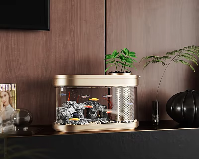 Elegant Golden Frame Aquarium With Colorful Fish Decorative Stones And Green Plants On Dark Shelf 3d model