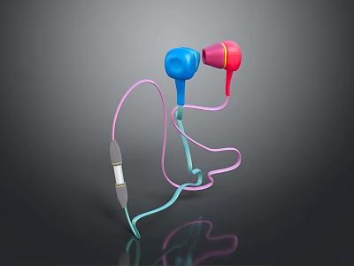 Blue And Pink In Ear Headphones With Cable And Control Module Electronic Device 3d model