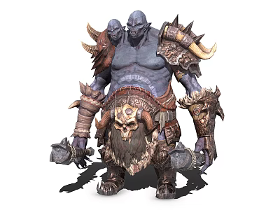 Giant Blue Skinned Horned Muscular Warrior Game Movie Character With Skull Armor Beard And Weapons 3d model