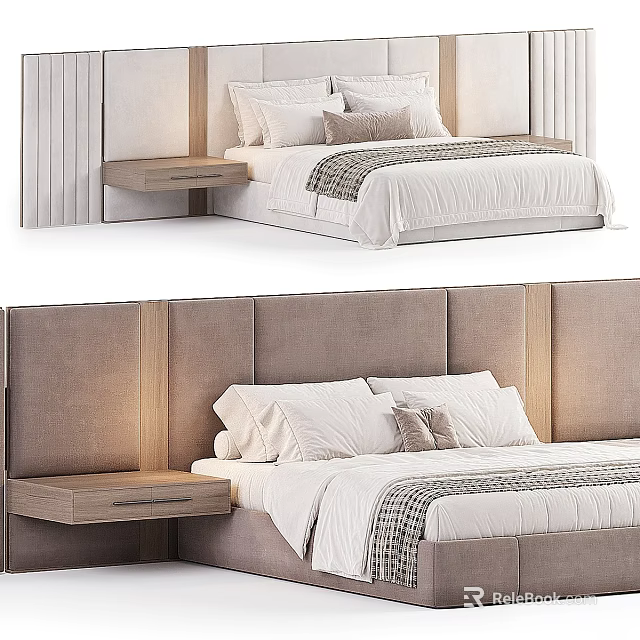 Modern Double Bed with Upholstered Headboard Wooden Nightstand and White Bedding Decorative Pillows 3d model 