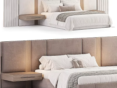 Modern Double Bed with Upholstered Headboard Wooden Nightstand and White Bedding Decorative Pillows 3d model