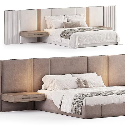Modern Double Bed with Upholstered Headboard Wooden Nightstand and White Bedding Decorative Pillows 3d model