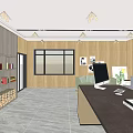 Modern Office Interior With Wooden Bookshelves Desk And TV Fireplace Marble Floor And Large Window