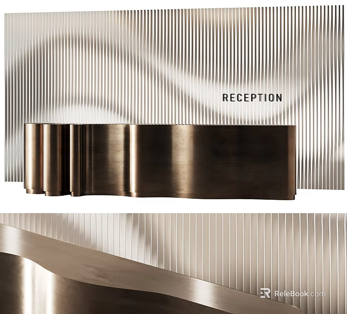 Modern Reception Desk Design With Curved Brushed Metal Surface And Vertical Striped Backdrop 3d model 