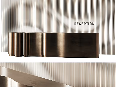 Modern Reception Desk Design With Curved Brushed Metal Surface And Vertical Striped Backdrop 3d model