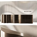Modern Reception Desk Design With Curved Brushed Metal Surface And Vertical Striped Backdrop