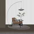 Beige Upholstered Accent Chair With Metal Frame Side Table Potted Plant And Vertical Slat Wall