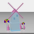 Agricultural Equipment Windmill With Pink Blades Blue Tower And Colorful Pinwheels Purple Trees