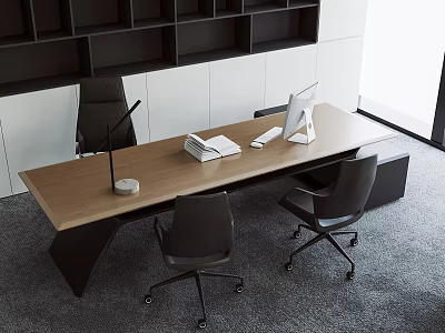 Modern Office Desk With Wooden Top Black Office Chairs Bookshelves Table Lamp Notebook And Monitor 3d model