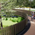 Scenic Landscape Bridge With Green Trees Wooden Fences And Winding Pathway
