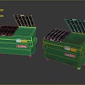 Two Green Waste Trash Bins with Open Lids and Warning Labels 3d model