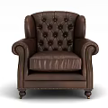 Brown Leather Tufted Wingback Armchair With Brass Nailhead Trim And Wooden Legs