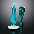 Teal 3D Game Movie Characters Female Flowing Design And Male Armored Suit On Illuminated Base