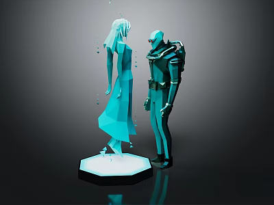 Teal 3D Game Movie Characters Female Flowing Design And Male Armored Suit On Illuminated Base 3d model