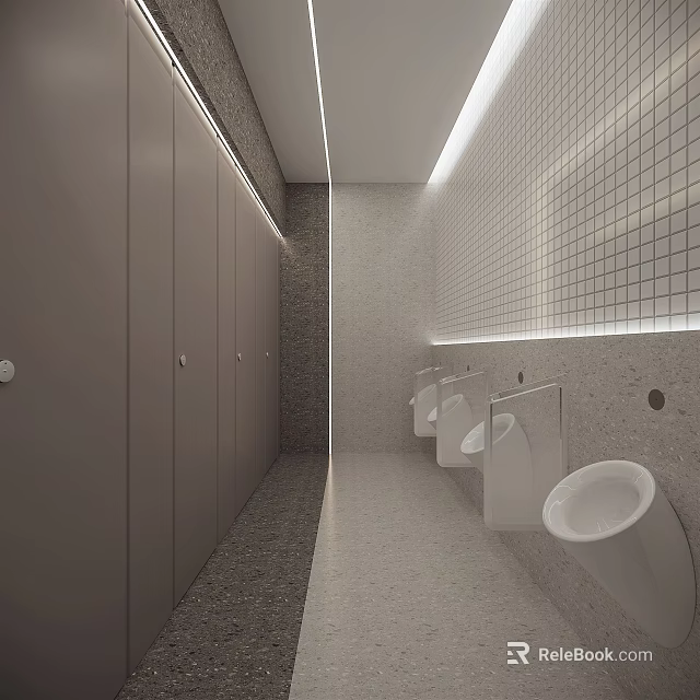 Modern Public Restroom Interior Design With Tiled Walls Stalls Urinals And Bright Lighting 3d model 