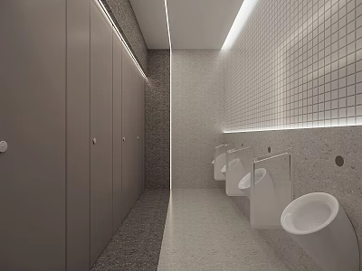 Modern Public Restroom Interior Design With Tiled Walls Stalls Urinals And Bright Lighting 3d model