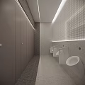 Modern Public Restroom Interior Design With Tiled Walls Stalls Urinals And Bright Lighting