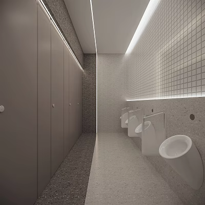 Modern Public Restroom Interior Design With Tiled Walls Stalls Urinals And Bright Lighting 3d model