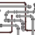 Industrial Gray and Red Pipe Network With Flanges Elbows Multiple Connections And Components 3d model