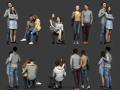 Group of People in Various Casual Poses Standing Sitting and Hugging Interactions 3d model