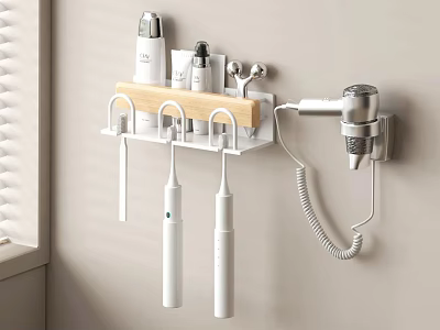 Modern Bathroom Set with Wall Mounted Storage Rack Skincare Products Toothbrushes and Hair Dryer 3d model