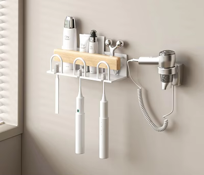 Modern Bathroom Set with Wall Mounted Storage Rack Skincare Products Toothbrushes and Hair Dryer 3d model